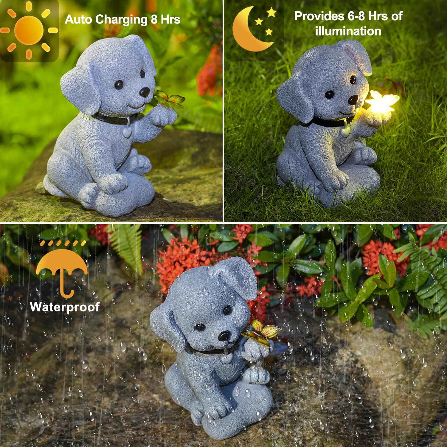 Cyhiyolies Solar Dog Statue with Butterfly – Outdoor Garden Decor for Home, Patio, Yard, Balcony, or Porch – Ideal Gifts for Women, Mom, Grandma – Housewarming Surprise