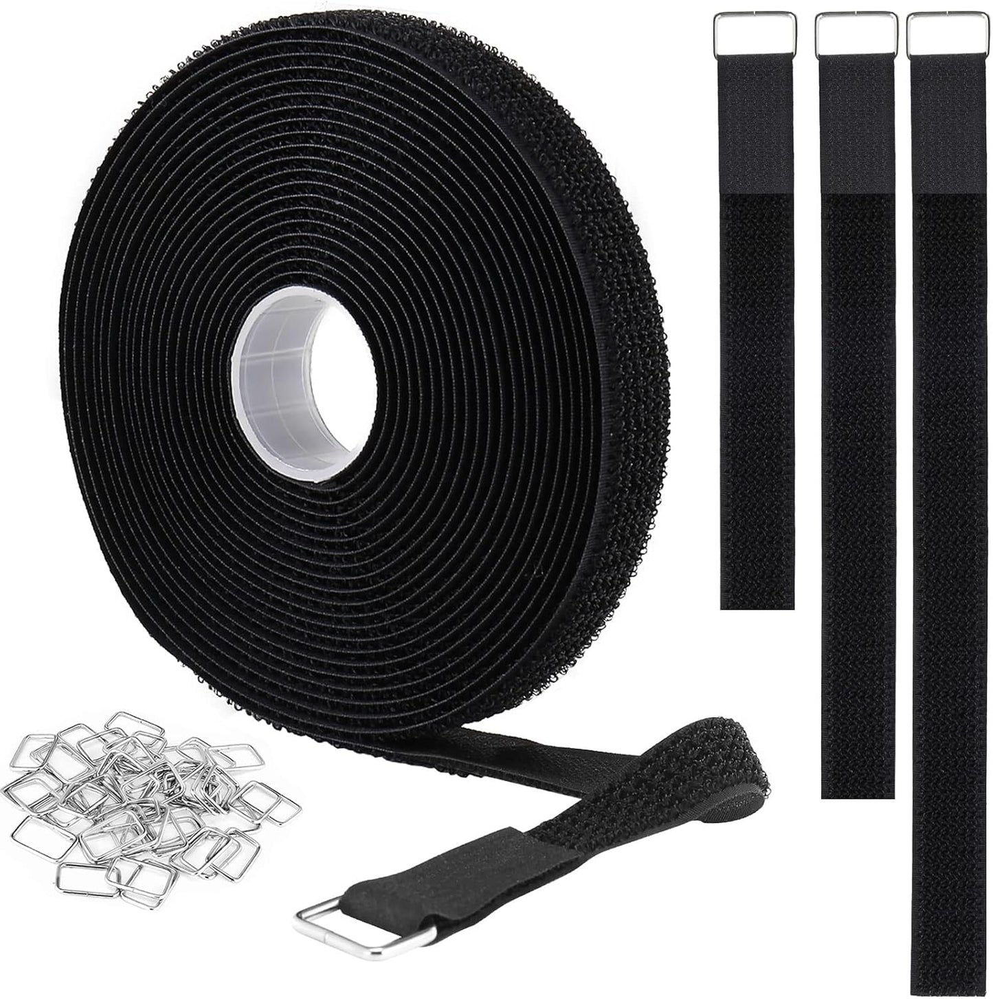 YMCRLUX Hook and Loop Straps - 1"x16ft Adjustable Fastening Cable Ties with 25 Metal Buckles - Black