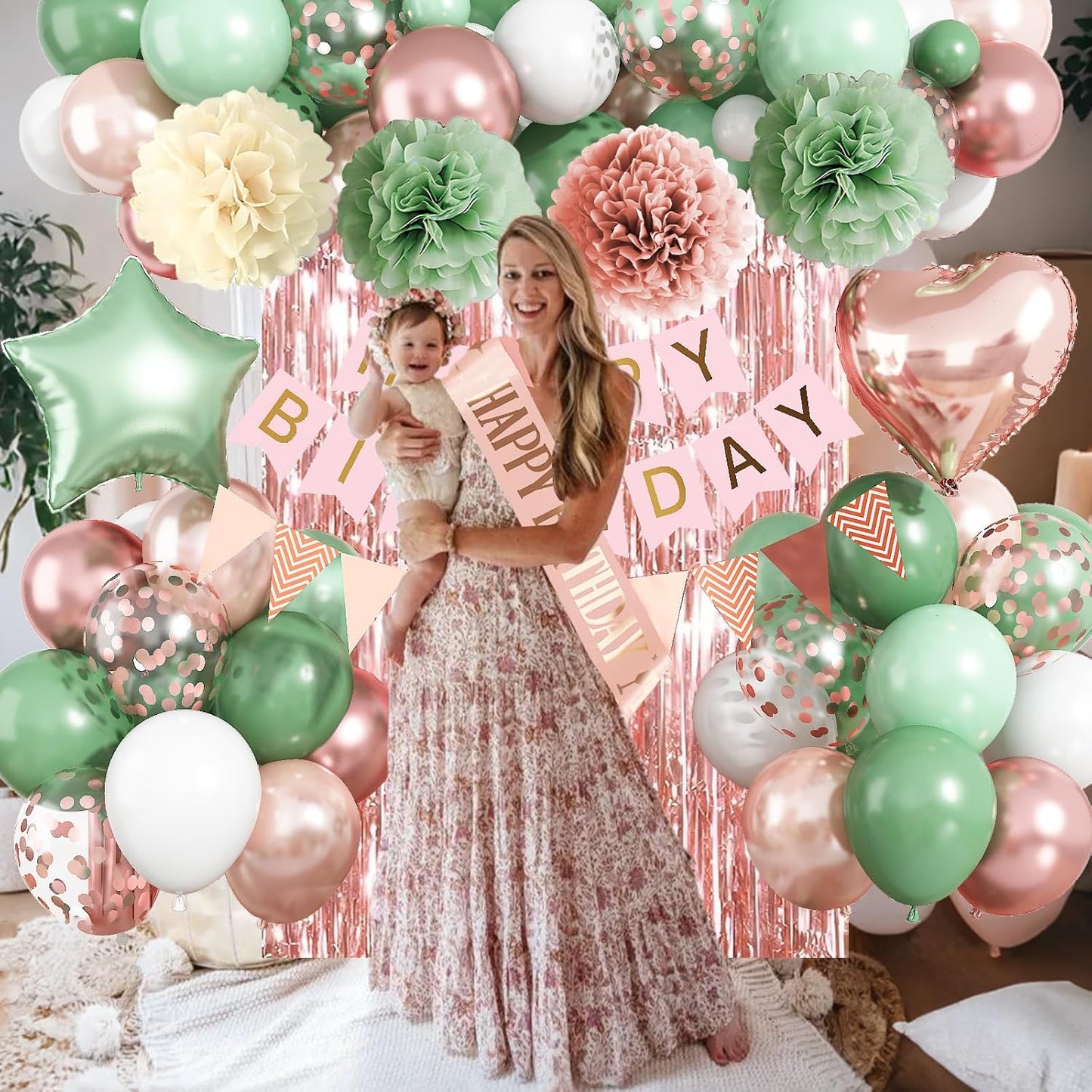 Regine Switzerland Birthday Decorations - Retro Rose Gold & Sage Green Party Décor | Foil Balloons, Happy Birthday Banner & Cake Topper