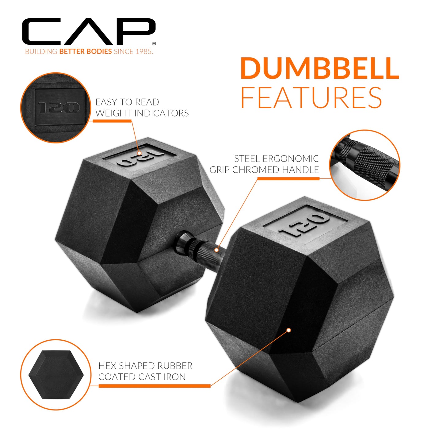 CAP 120lb Rubber Coated Hex Dumbbell, Black Grip, Free Weights, Pair