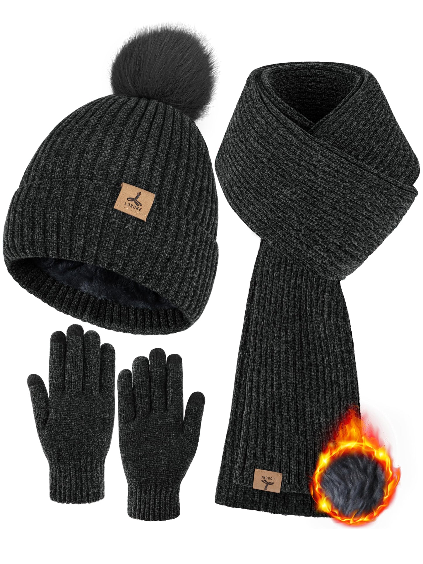 Winter Warm Hat Scarf and Touch Screen Gloves Set, Knitted Pom Beanie Hat Neck Warmer Long Scarf Winter Gloves for Women Men
