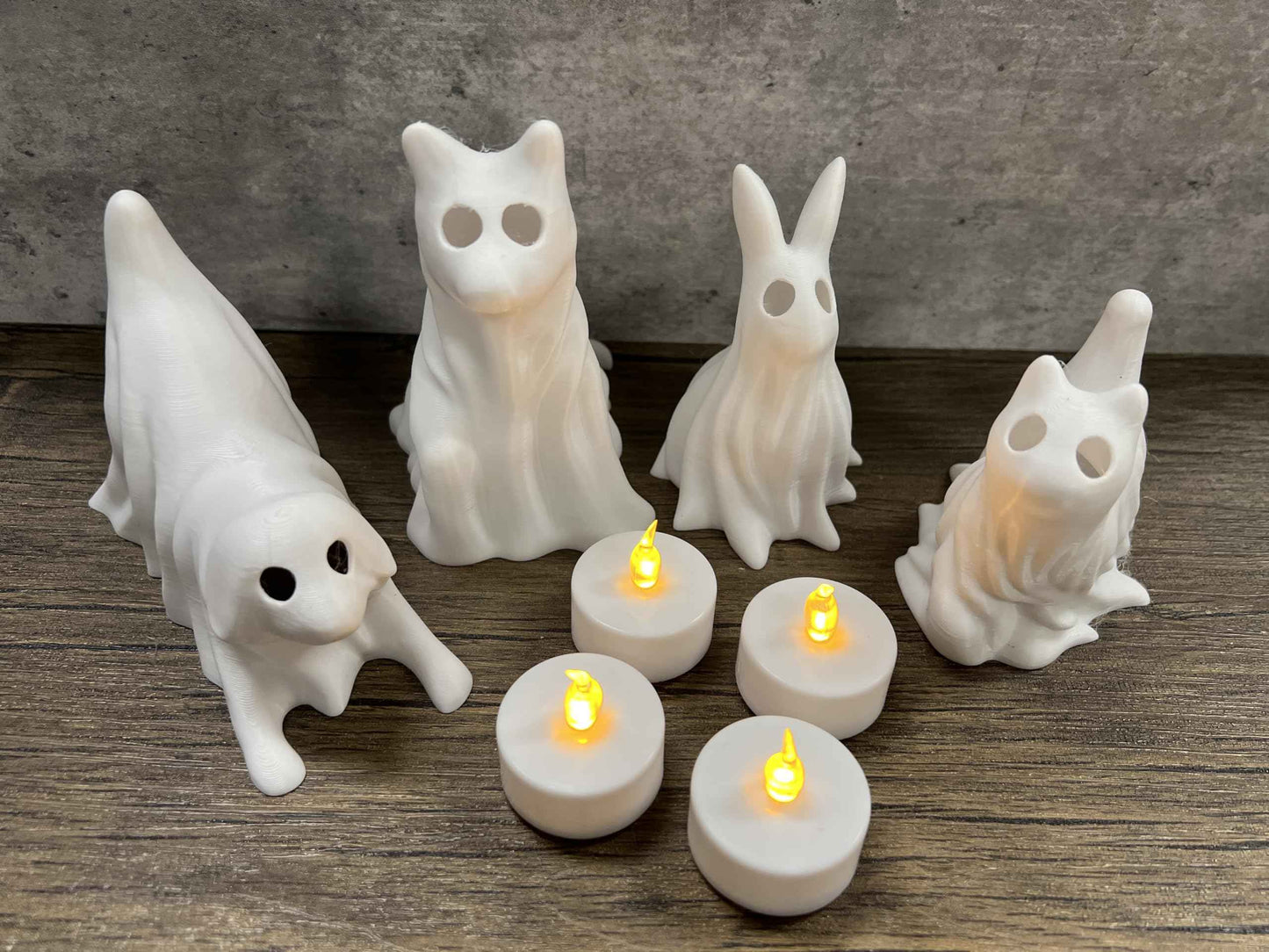 MunnyGrubbers - 4 Pack Glowing Ghost Dog With LED Tea Lights - Includes Bunny & Cat - Halloween Home Decor - Office Desk - LED Night Light - Spooky (Combo-Pack)