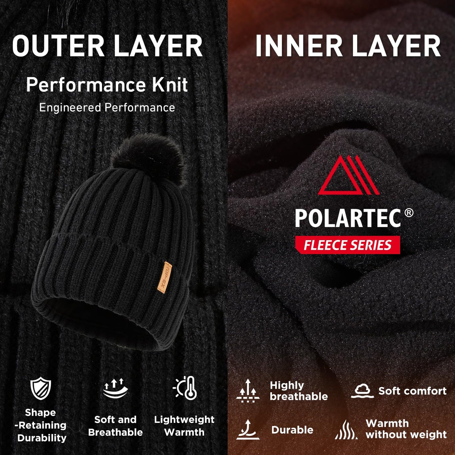 TOP-EX Waterproof Winter Pom Knit Skull Beanie Hat for Women Stocking Cap Warm Fleece Lined with Cute Faux Fur Ski Snow Windproof Black