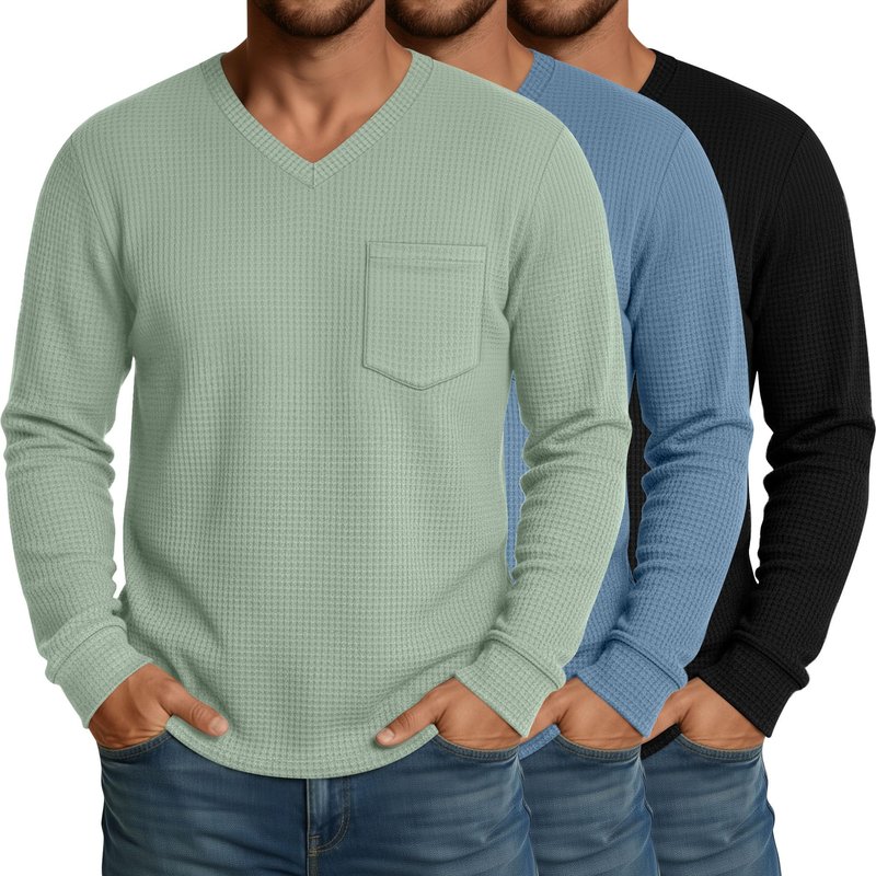 Neer 3 Pack Mens Big and Tall Waffle Shirts Long Sleeve V Neck Pullover Underwear Tops Basic Undershirts with Pocket(Black, Haze Blue, Gray Green,3X-Large)