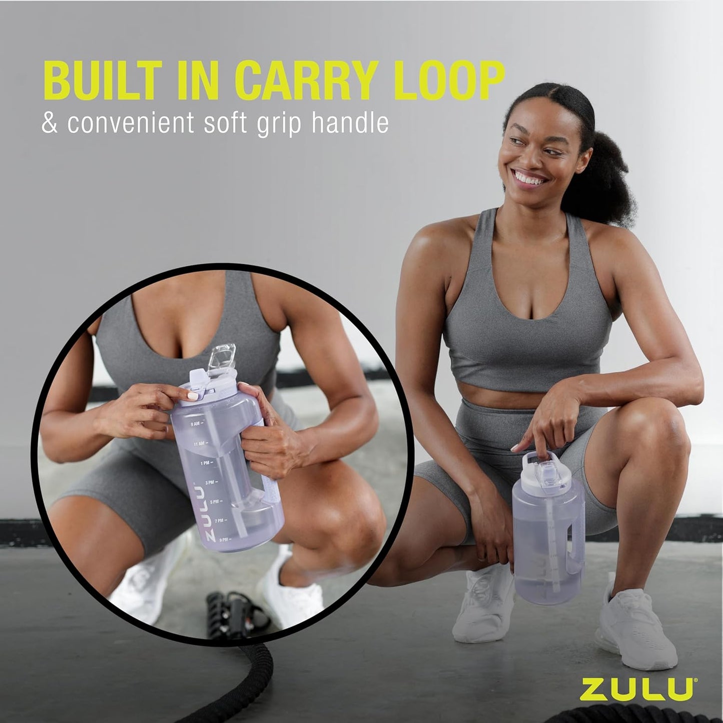 ZULU Goals 64oz Half Gallon Water Bottle - Reusable Jug with Straw, Time Marker & Leak-Proof Lid | Grey