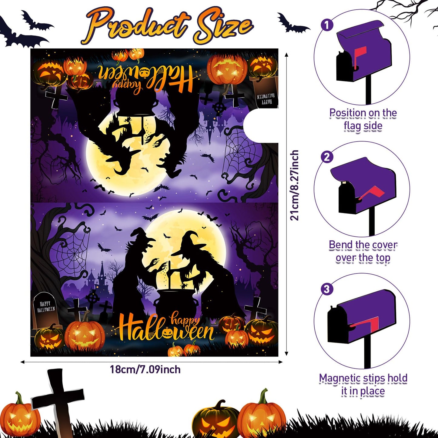 Teenyyou Halloween Mailbox Covers Magnetic Standard Size 21"x18" Fall Pumpkins Mailbox Cover Wraps Witch Ghost Black Cat Letter Post Box Cover for All Saint's Day Decor(Witch)