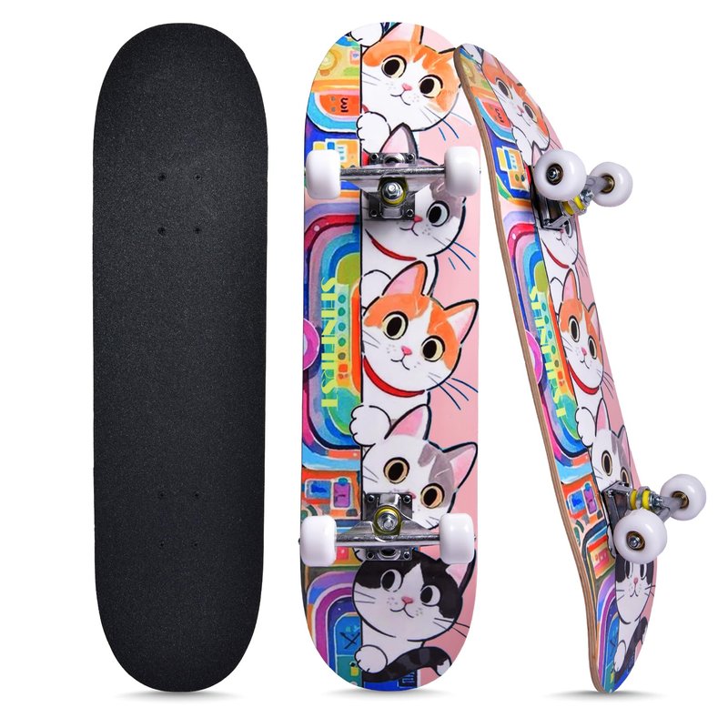 Skateboards for Beginners Kids Boys Girls Teens and Adults, 31 Inch Complete Standard Skateboards with 7-Layer Maple Double Kick Deck Unicorn and Skull Design (Cates)