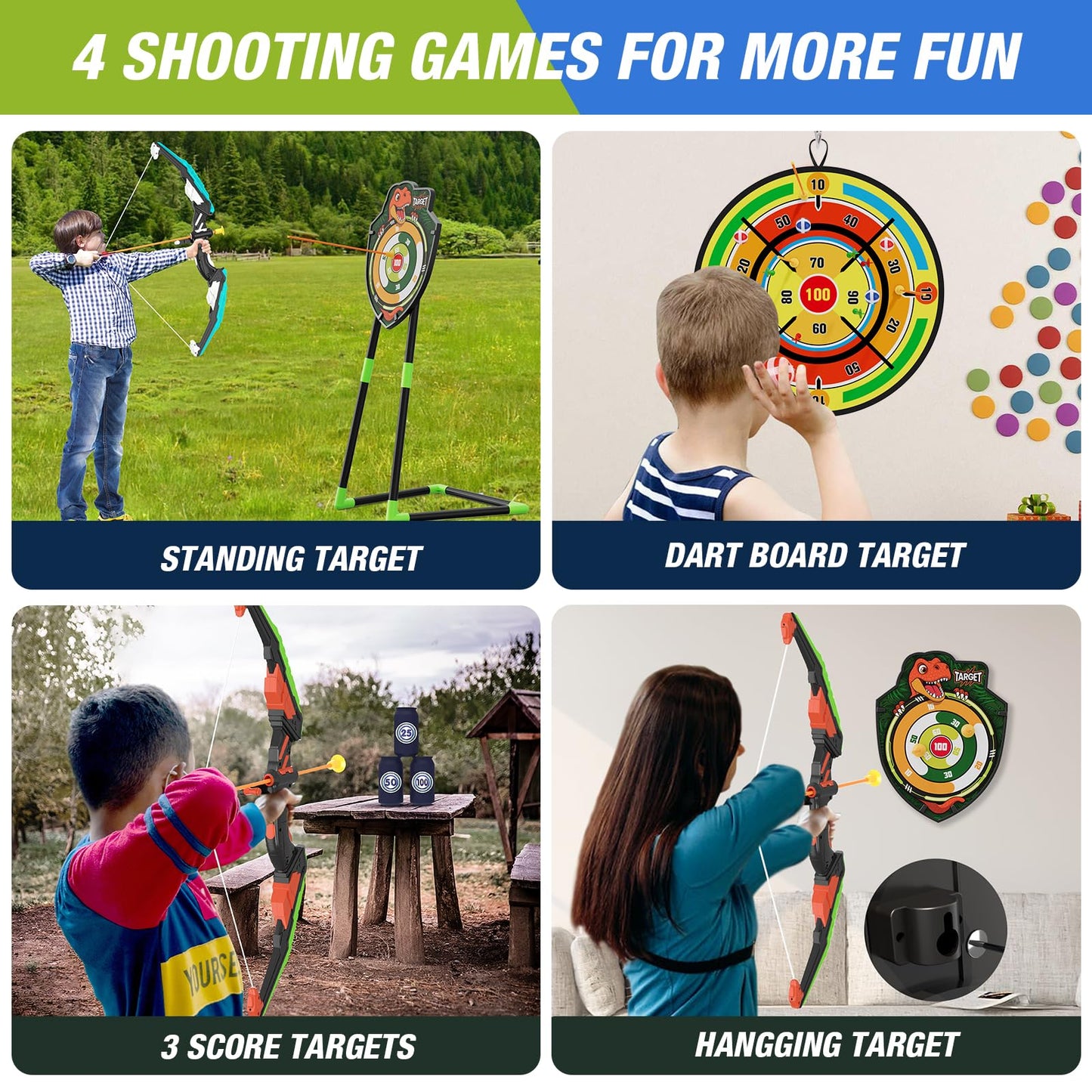 HYES 2 Pack Kids Bow and Arrow with 29" Large Dart Board, LED Light Up Archery Set with 24 Suction Cup Arrows, Indoor Outdoor Sport Toys Gifts for 3 4 5 6 7 8 9 10 11 12 Year Old Boys Girls