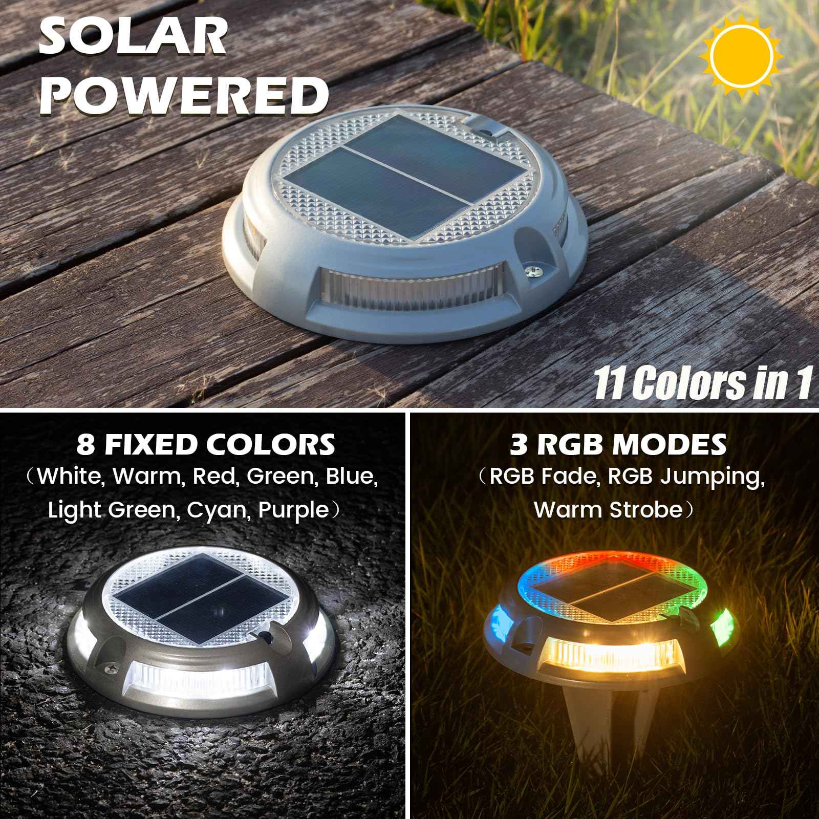SIEDiNLAR Solar Driveway Lights Outdoor 16 LEDs 9 Modes, Dock Markers Deck Lights Waterproof Warning for Driveway Walkway Step Pathway Ground Yard Garden, RGB (8 Pack)