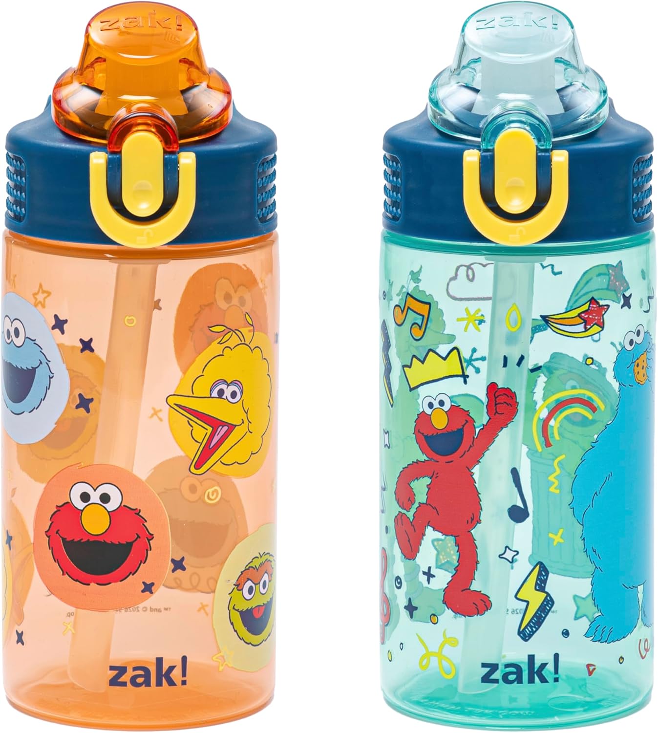 Zak Designs Sesame Street Kids Water Bottle - 16oz Durable Plastic with Straw & Leak-Proof Cover | 2-Pack (Elmo & Friends)