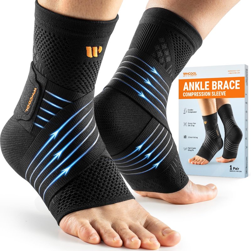 WHCOOL Low-Profile Ankle Braces for Women & Men, Customizable Ankle Compression Sleeve w/Wide Strap, Foot Support Wrap for Plantar Fasciitis Pain Relief, Achilles Tendonitis, Sprain, Black, 1 Pair, L