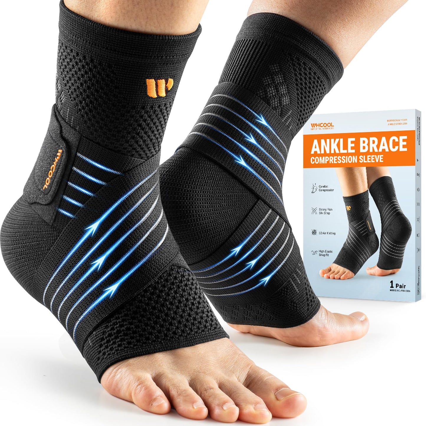 WHCOOL Low-Profile Ankle Braces for Women & Men, Customizable Ankle Compression Sleeve w/Wide Strap, Foot Support Wrap for Plantar Fasciitis Pain Relief, Achilles Tendonitis, Sprain, Black, 1 Pair, L