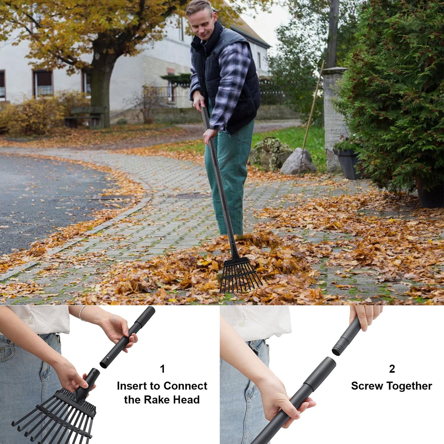 Small Rake for Leaves, 11 Metal Tines Narrow Leaf Rake, 60'' Leaf Rakes for Lawns with Adjustable Steel Handle for Camping Flower Beds Mulch Shrub, Black
