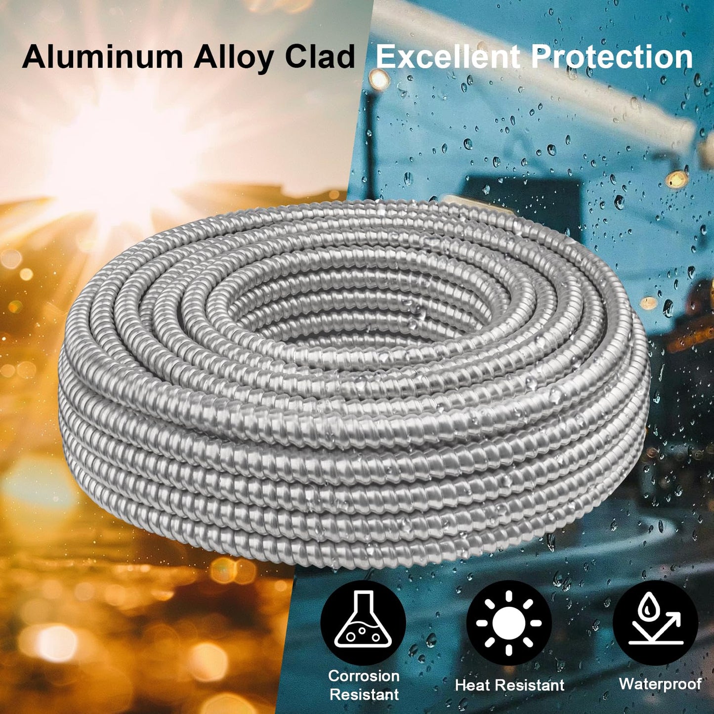 14/3 Metal Clad (MC) Cable with Ground 75ft, 14 Gauge Electric Wire with Aluminum Armor, Solid Bare Copper Conductors for Indoor Outdoor Underground Embedded Installation (14/3, 75 ft)