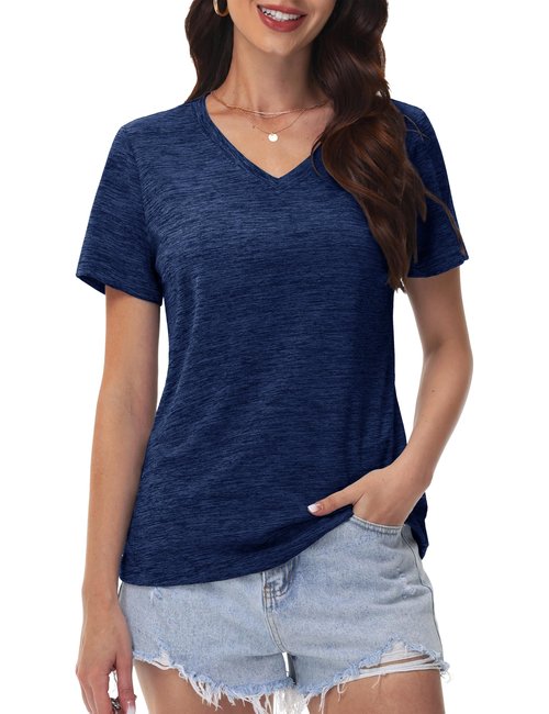 MAGCOMSEN Women's V Neck T Shirts Quick Dry Running Hiking Short Sleeve Golf Shirts, Dark Blue L