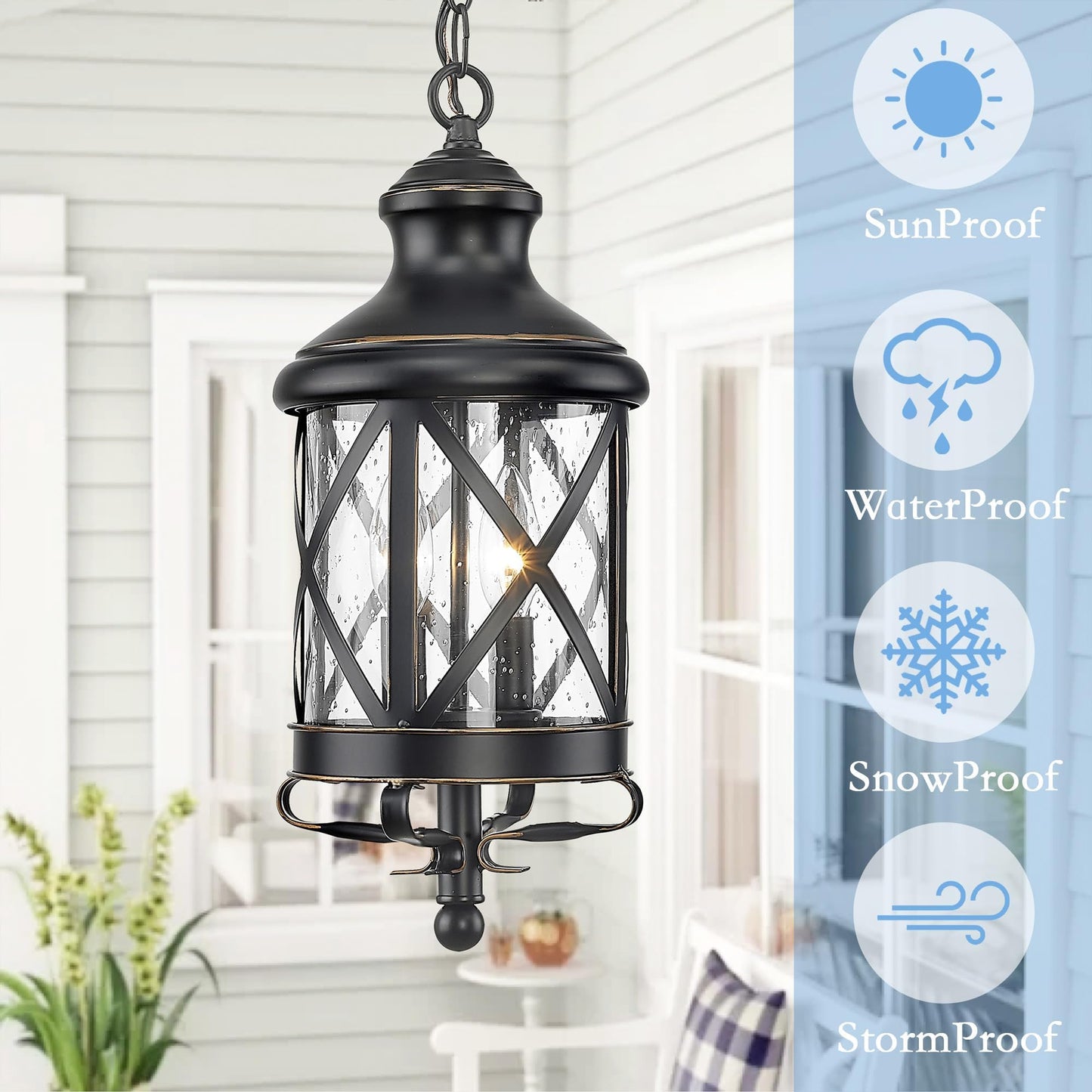 ALLGOT Outdoor Pendant Light for Porch,17.5 Inch Tall Farmhouse Pendant Lights, Outdoor Hanging Lanterns, Anti-Rust Exterior Hanging Porch Lights, Waterproof Ceiling Lanterns with Seeded Glass(Black)