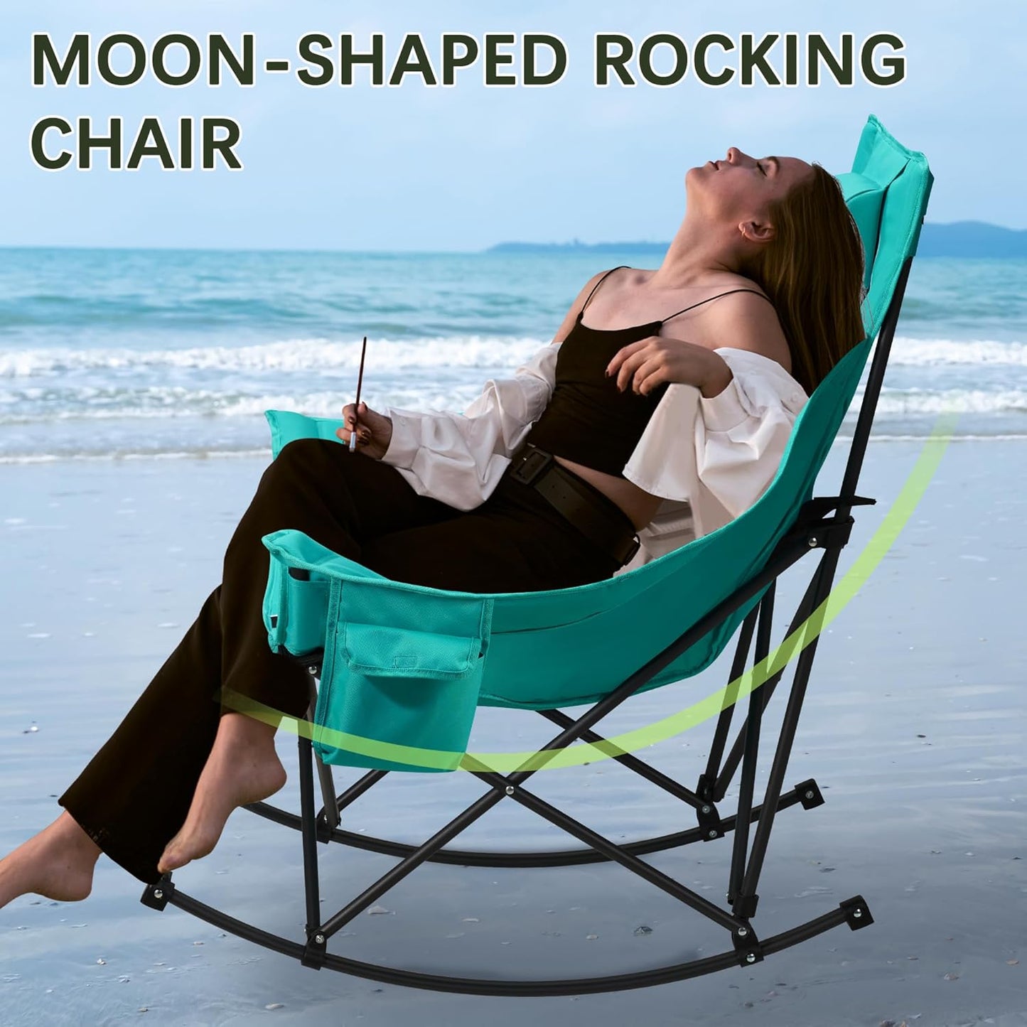 Unisakey Oversized Rocking Camping Chair - 400lbs Capacity, Headrest & Cup Holder, Portable Outdoor Rocker in Black/Green