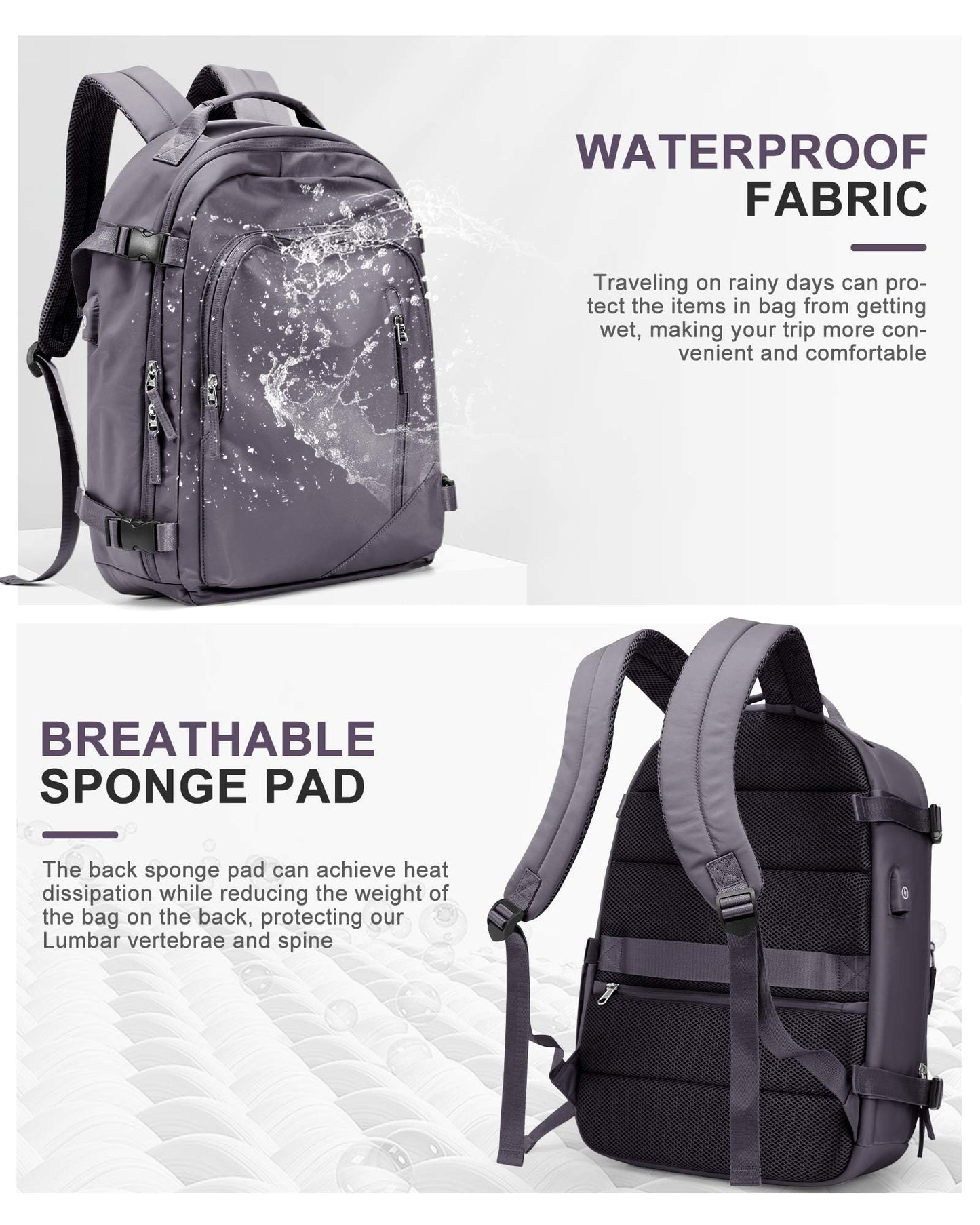 BJLFS Large Travel Backpack for Women Men,Carry On Backpack,Hiking Backpack Waterproof Outdoor Sports Rucksack Casual Work Gym Weekender Daypack Travel Essentials（simple, Purple）