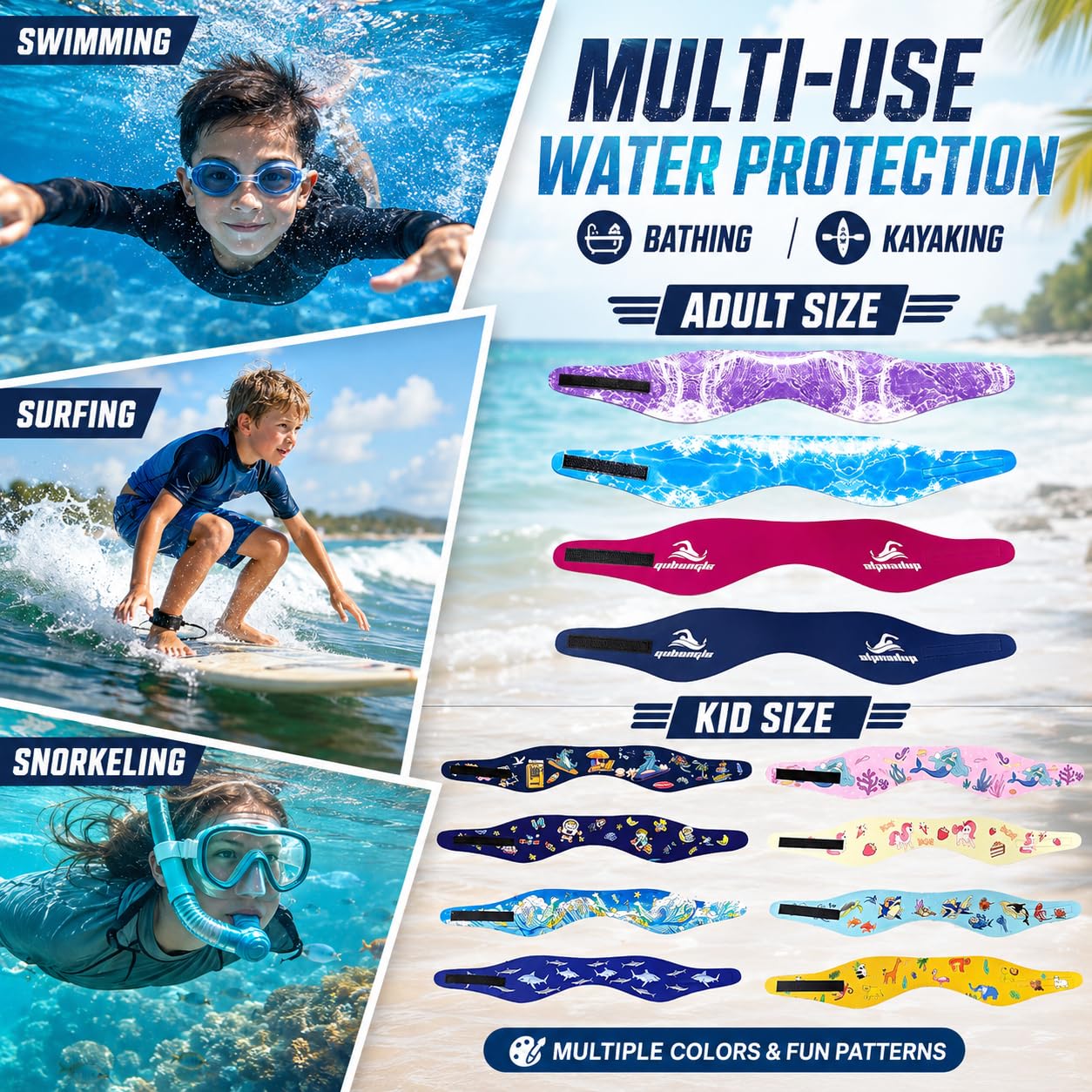 Swimming Headband for Kids - 2 Pairs Waterproof Ear Plugs & Adjustable Swim Ear Band,Keep Water Out and Hold Earplugs in - Water Headband for Surfing, Diving, Pool, Showering, and Beach