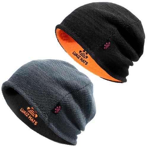 Lvaiz 2 Pack Winter Fleece Lined Mens Beanie Hat Reversible Knit Skull Cap for Men Women Warm Windproof Hat for Outdoor