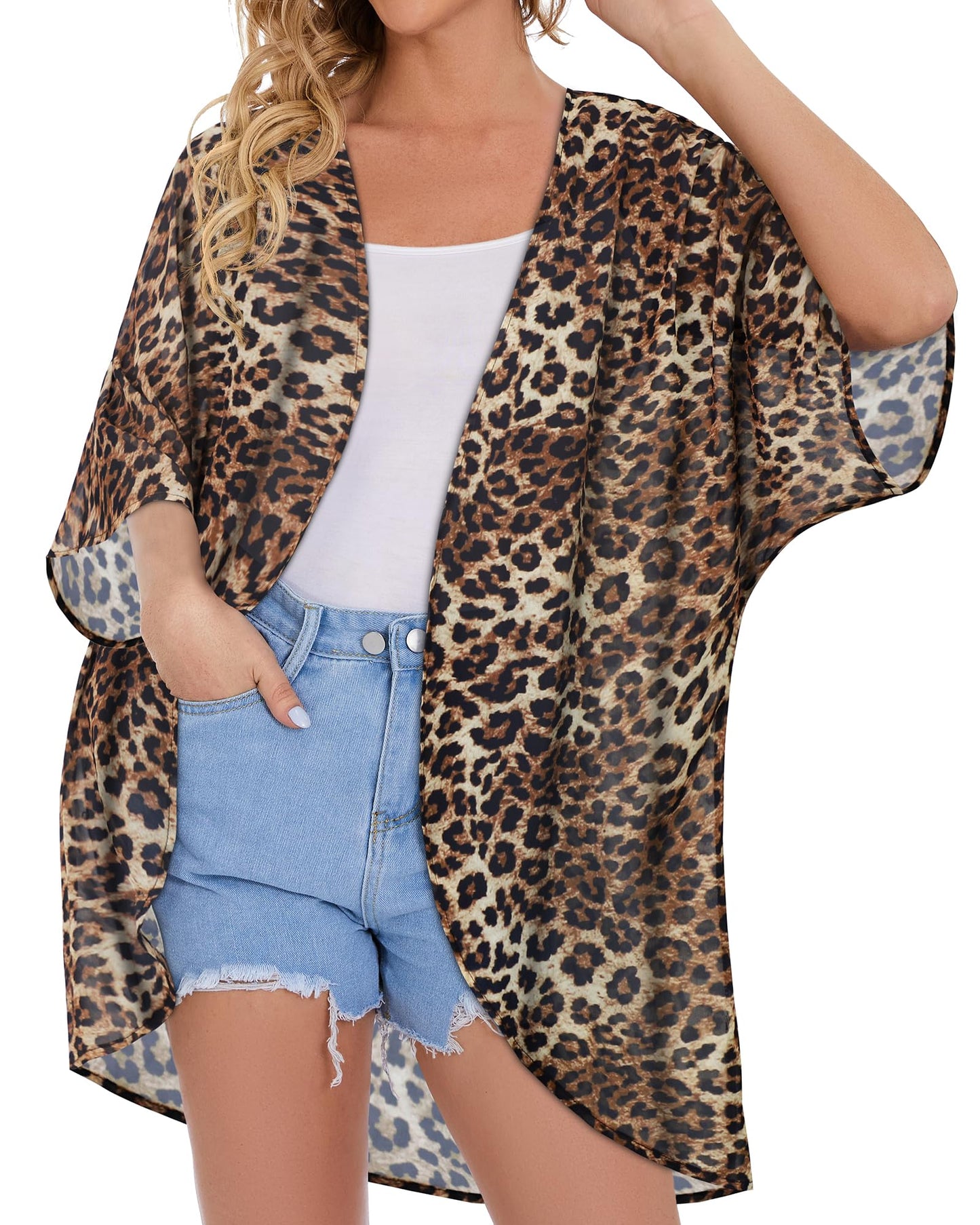 Women's Floral Kimono Print Puff Sleeve Loose Cardigan Cover Up Casual Blouse Tops (Leopard Print, S)