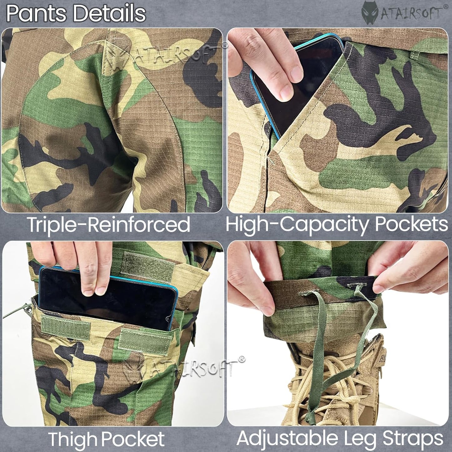Skiennix Tactical Military Camo BDU Uniform Set - Combat Shirt & Pants for Outdoor Hunting
