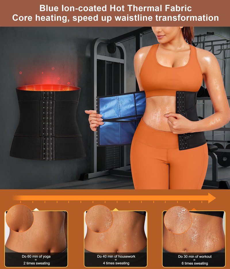 TrainingGirl Waist Trainer for Women Belly Working Out Trimmer Corset Sauna Sweat Belt Band Stomach Wrap Body Shaper Fajas (Black-Blue inner, X-Large)