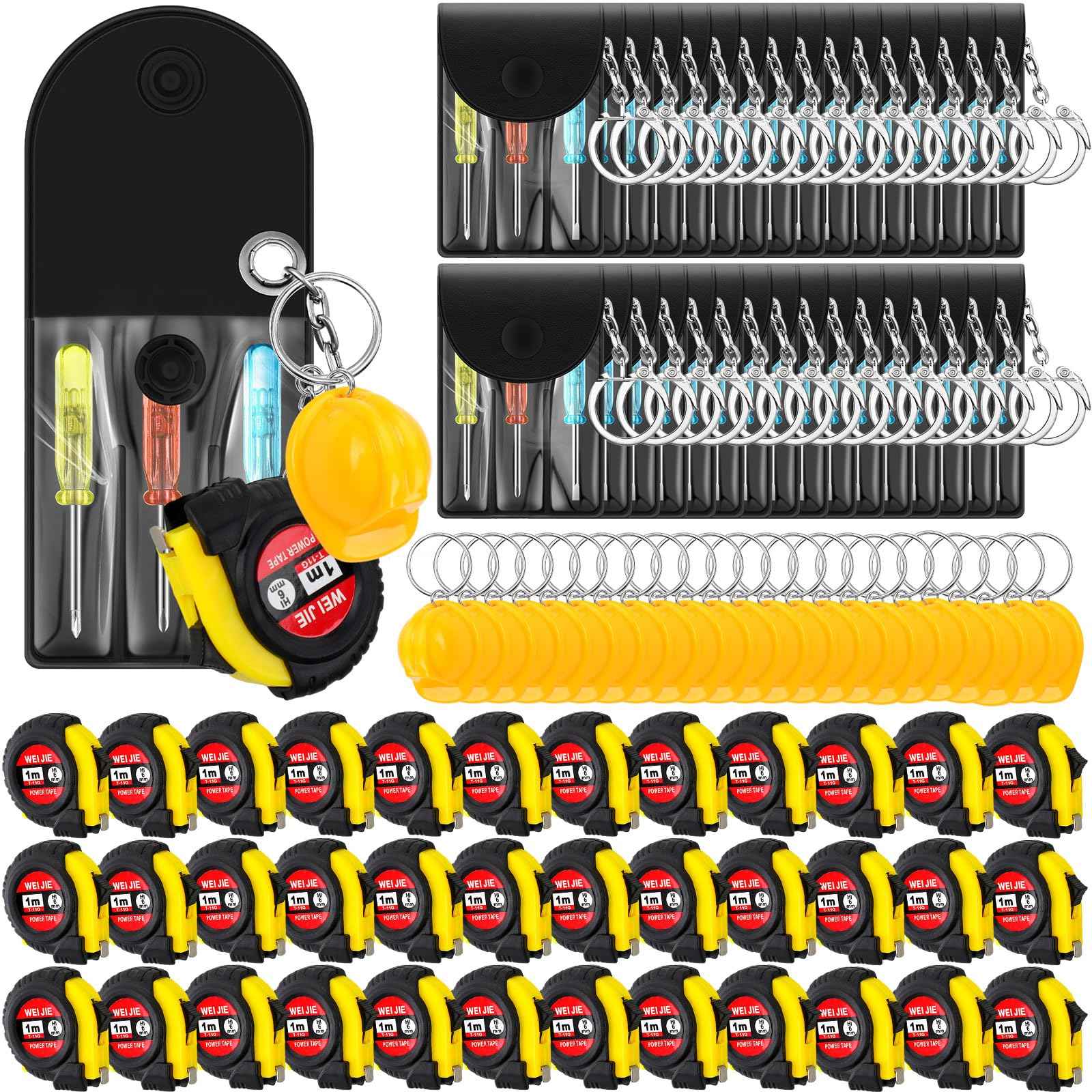 Jutom 144 Pcs Mini Construction Helmet Keychains Tape Measure Screwdriver Bulk for Men Adult Party Favors Tool Christmas Gifts