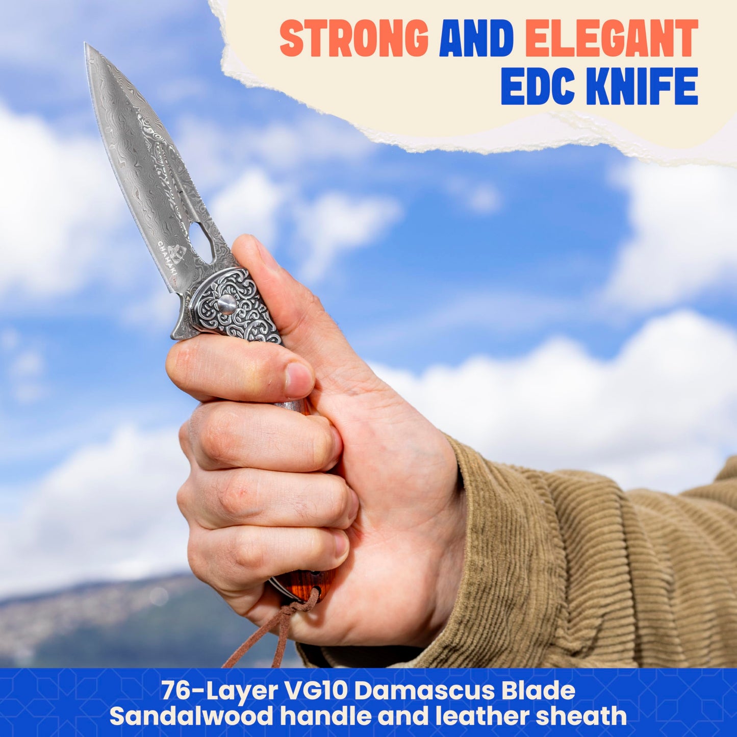 Damascuse Steel Pocket Knife with Leather Sheath - Fashionable Design Sandal Wood Handle 76 Layers VG10 Manual Damascus Folding Knife Sandel Wood Handle Collect Strong and Elegant Outdoor Pocket Knife