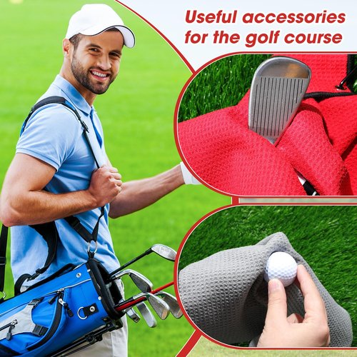 Batiyeer Golf Towels Bulk for Bags, 16"x16" Microfiber Waffle Pattern Golf Towel with Clip for Tournament, Club, Fitness(Black,Gray,Red,50 Pcs)