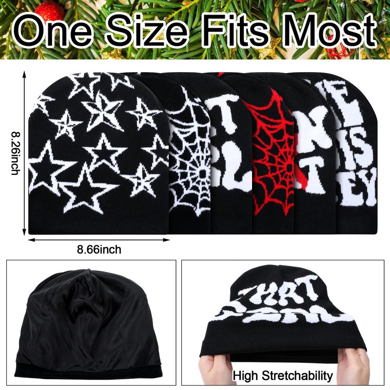 Skicuff 6 Pcs Winter Y2K Beanie Satin Lined Skull Cap Graphic Warm Beanies for Men and Women Knitted Y2K Hat for Cold Weather