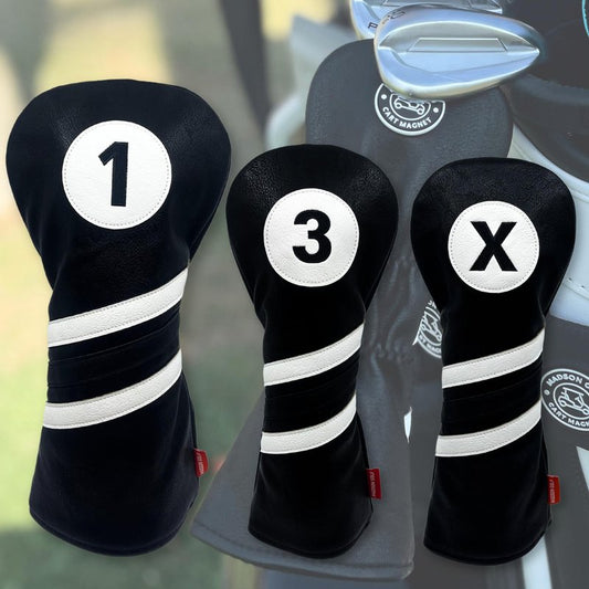 Madson Golf Cart Magnet Headcovers 3 Pack Set, Club Head Covers for Driver, Fairway Wood, Hybrid Golf Clubs, with Rubber Magnet for Secure Positioning & Quick Access, Magnetic Golf (Navy and White)