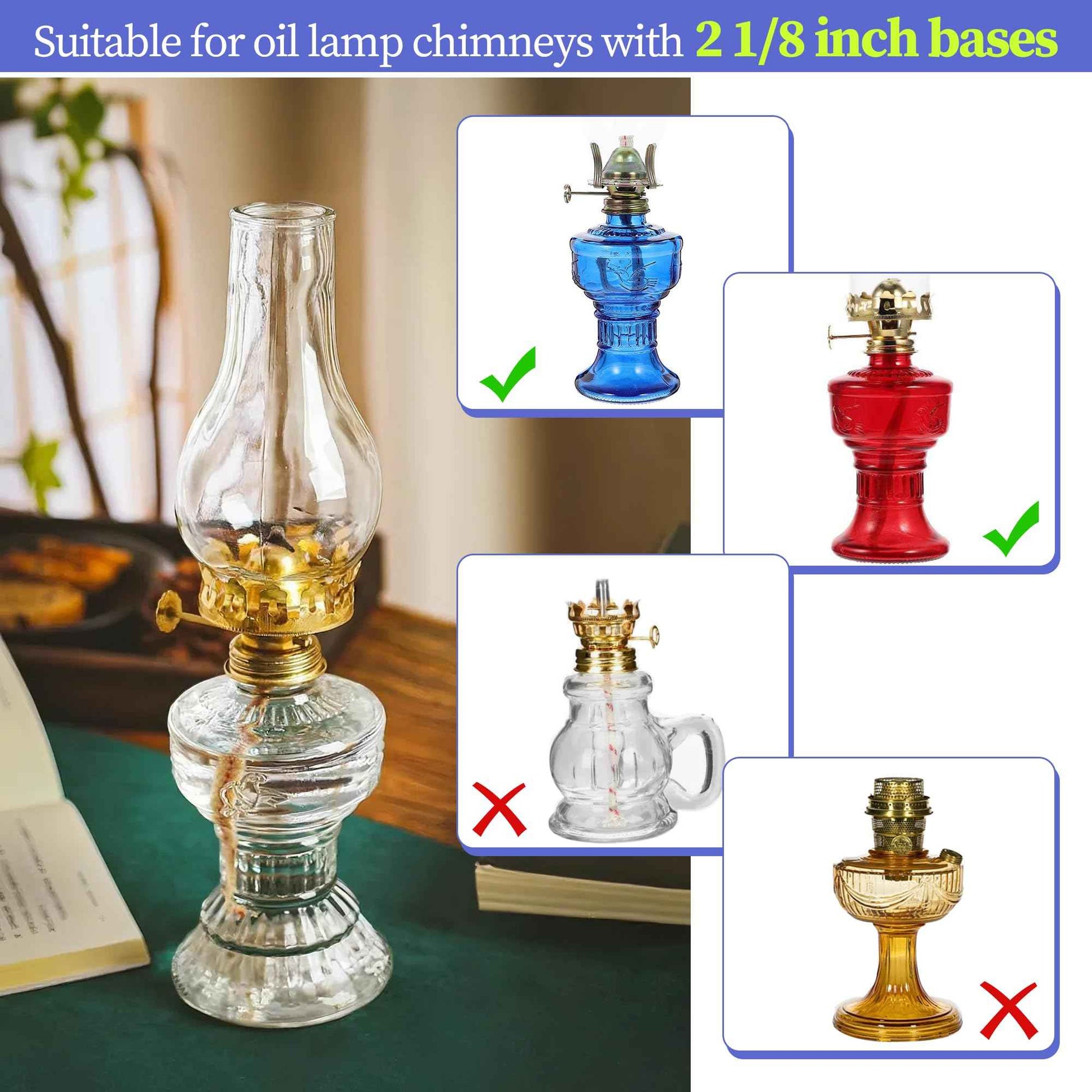 Oil Lamp Chimney Replacement – 2 1/8 Inch Base x 6.5 Inch Height Clear Glass Globe for Vintage Kerosene Lamps, Hurricane Lamp Shade & Parts（2 Pack）