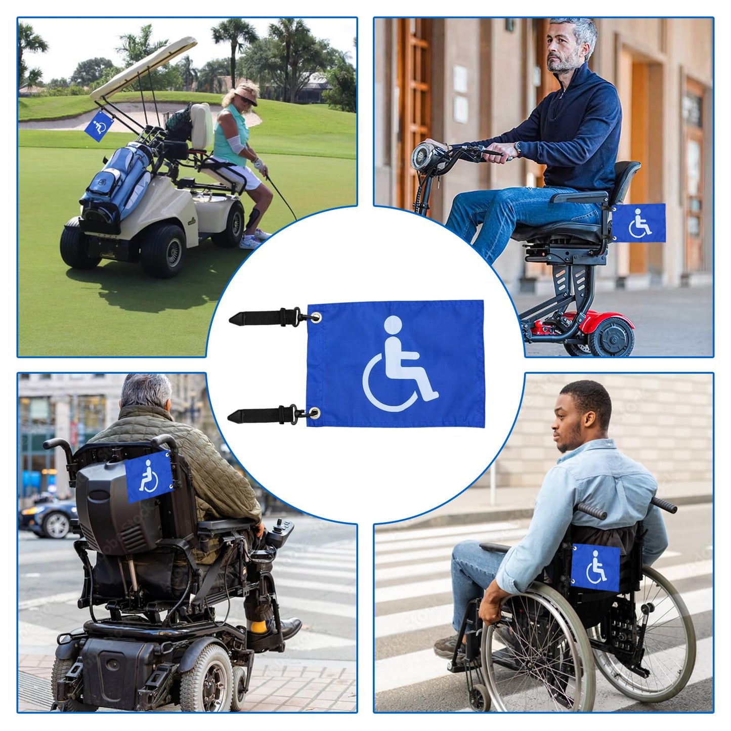 Disable Handicap Flag for Golf Cart, Boat, Bike - Blue Safety Golf Flag with Elastic Strap Bracket, 9"L x 6"W (4)