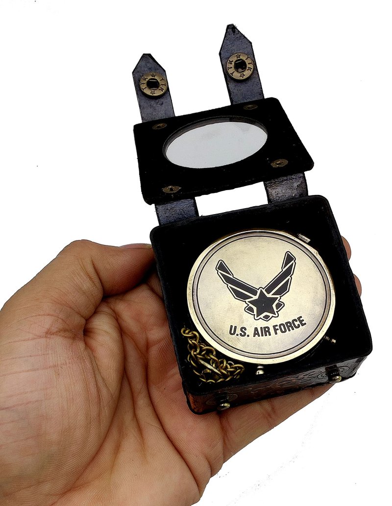 5MoonSun5's US AIR Force Engraved Brass Military Compass Nautical Marine with Leather Display Case - Perfect and Unique Gift for Army Person - Survival Navigation Compass for Hiking Camping Hunting