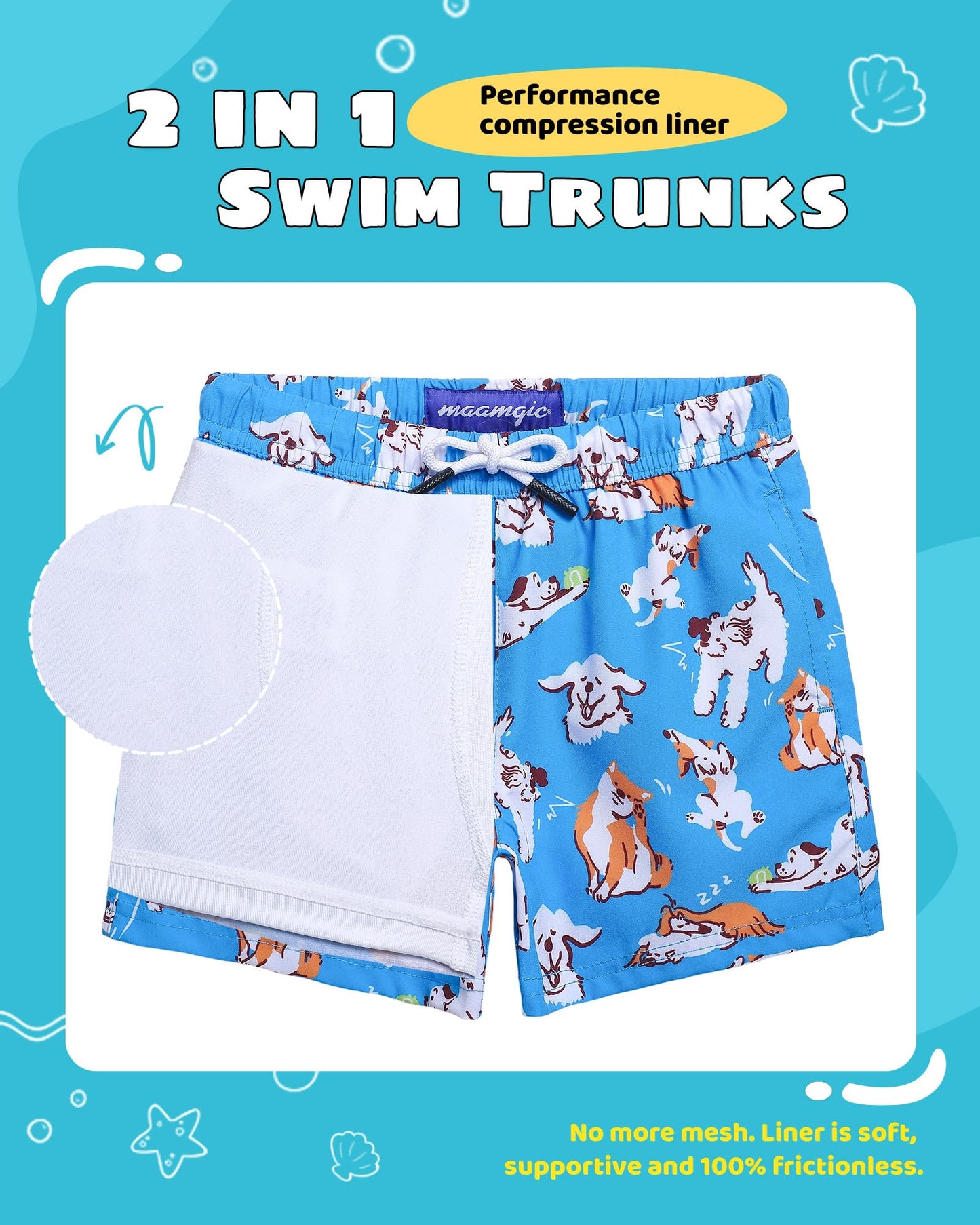 maamgic Boys Swim Trunks with Compression Liner Toddler Stretch Swim Shorts Quick Dry Swimming Trunks Boxer Brief 2 in 1 Beach Shorts Blue Doggy 2T