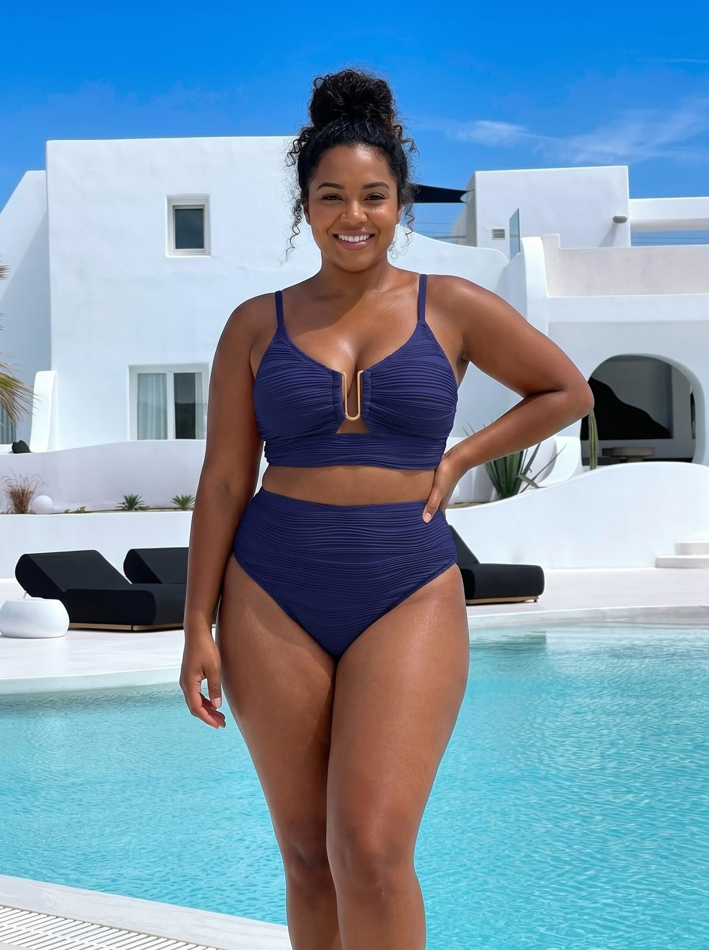 Herseas Women Two Piece U Wire Ruched 2026 Bikini Top High Cut Out Popular Swimsuit Tummy Control High Waisted Bathing Suit Cute Swimwear for Teens Summer Navy Blue X-Large