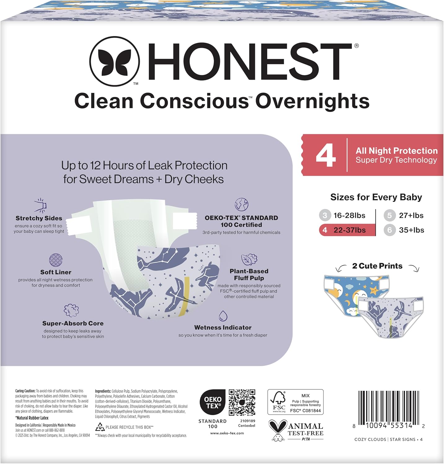 The Honest Company Overnight Diapers - Hypoallergenic Comfort, Cozy Cloud + Star Signs | Size 4 (22-37 lbs), 48 Count