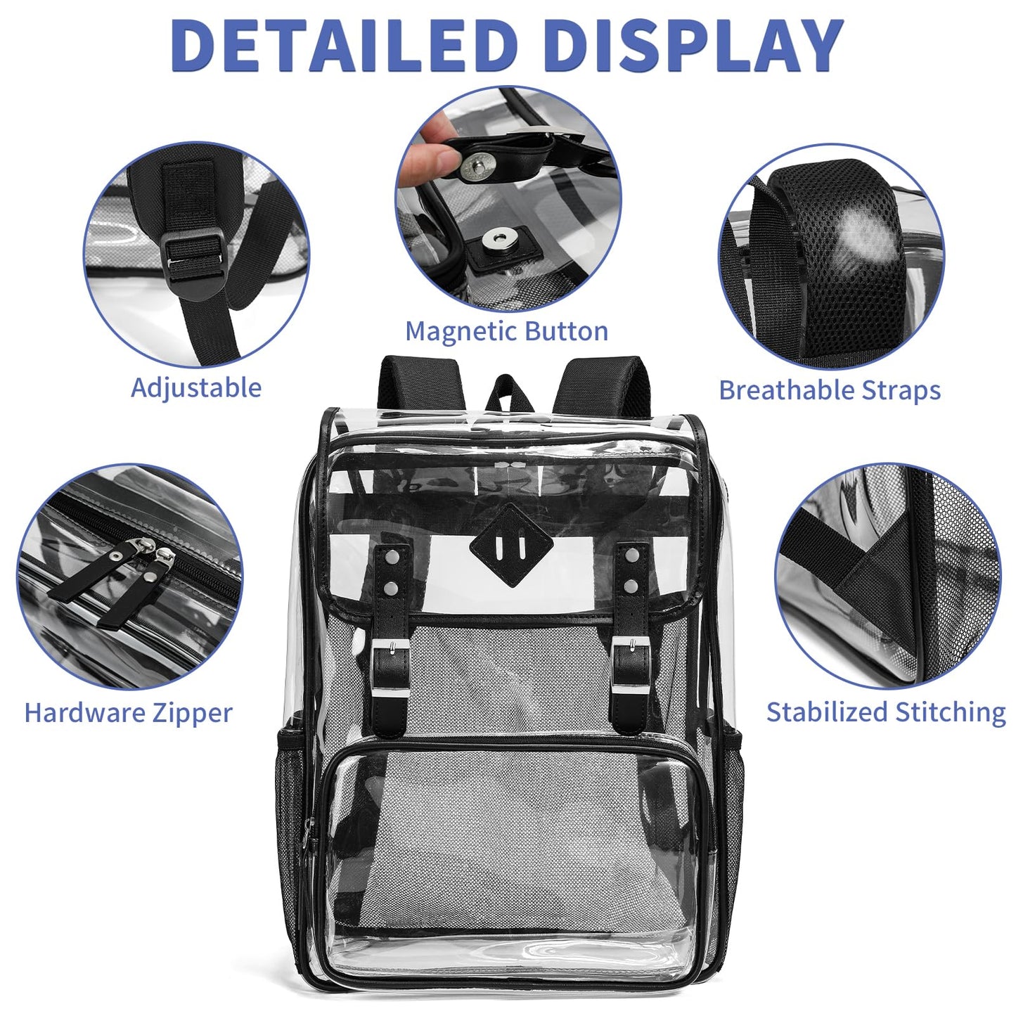 NEOREAL Clear Backpack Large Capacity Heavy Duty Transparent PVC Backpack with Leather Trim for Women College Work Travel