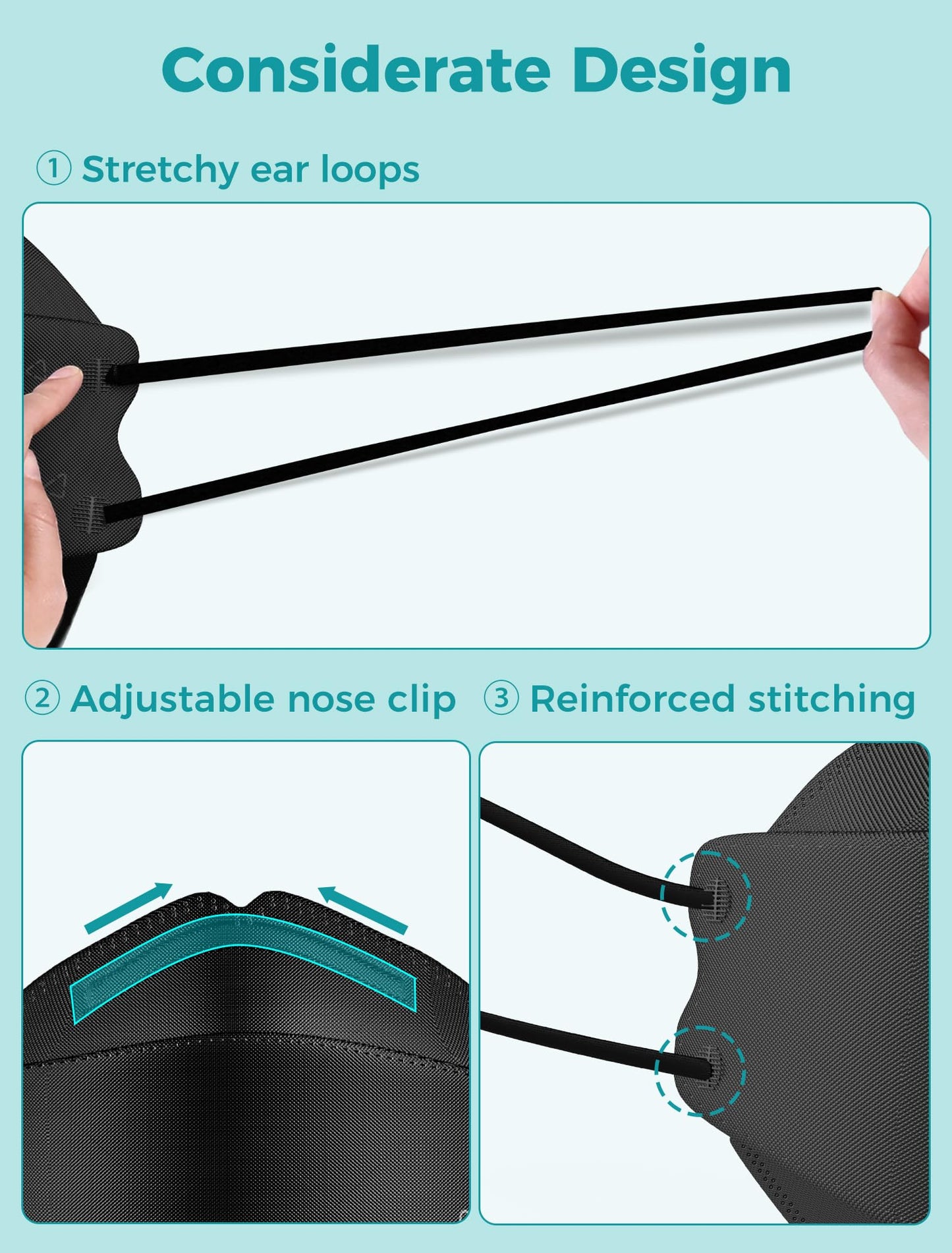 TOPMAX KN95 Face Masks 50 Pack for Adults, Breathable and Comfortable KN95 Mask with Elastic Ear Loop, Filter Efficiency≥95%, Black