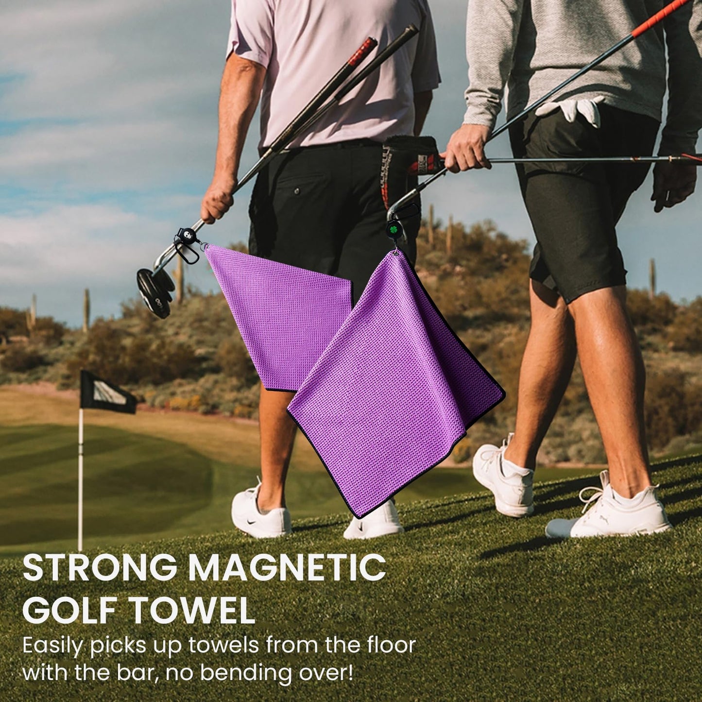Amy Sport Golf Towels for Golf Bags for Women Men Value 2 Pack with 3 Strong Magnetic Retractable Carabiner and Black Brush, 16''X16'' Microfiber Waffle Pattern Towel Absorbent Set (Purple)