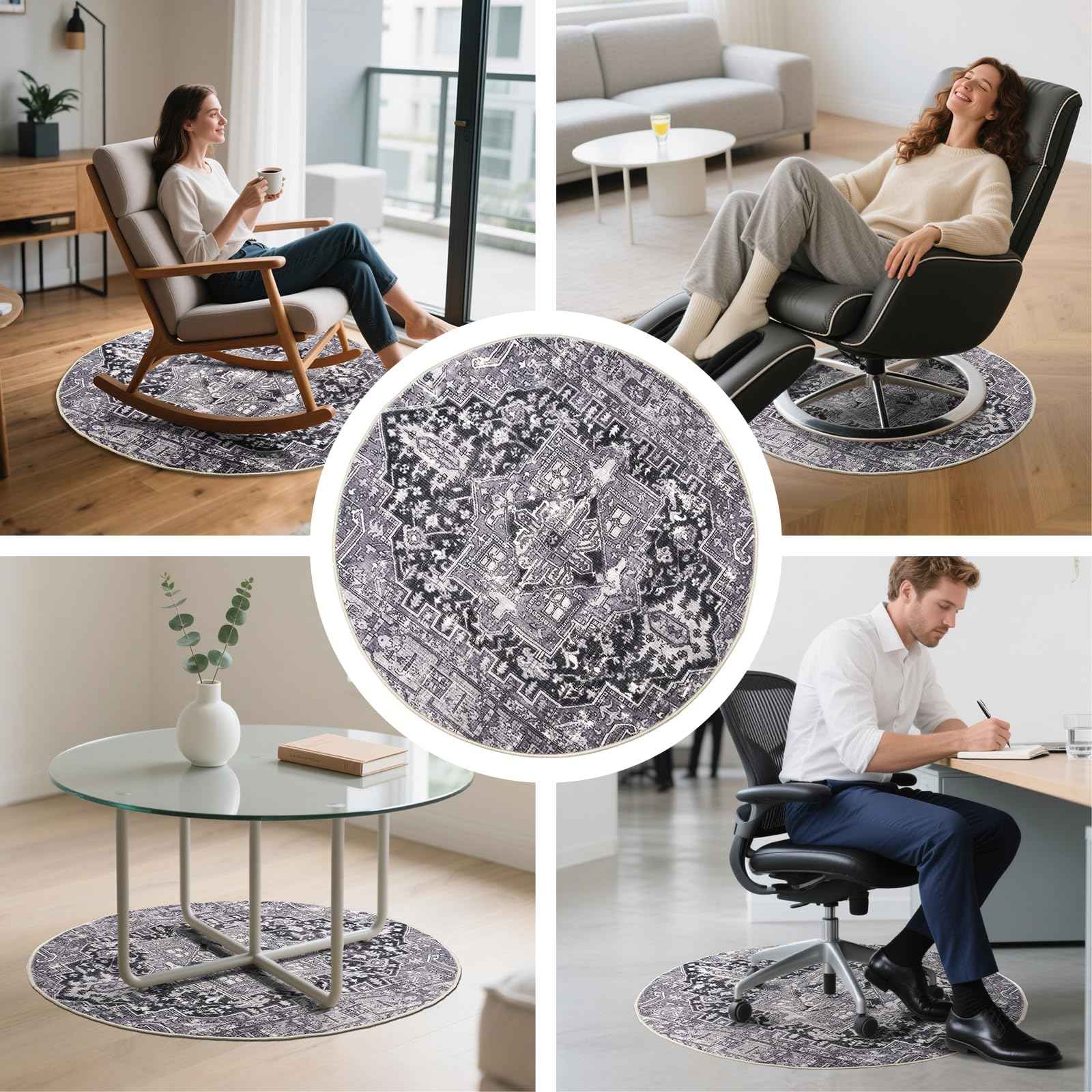 Recliner Pads for Hardwood Floors, Rocking Chair Floor Protectors, Non-Skid Furniture Gripper Small Circle Rug for Recliners, 31.5inch Diameter Low Pile Heavy Duty Non Slip Multi-Purpose Rug