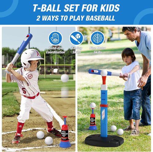HYES Kids Basketball Hoop & T-Ball Set - Adjustable Height with Automatic Pitching Machine | Indoor/Outdoor Sports Toy for Ages 1-5, Blue
