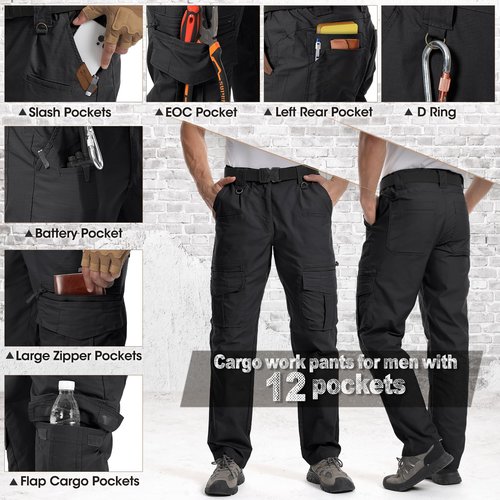 IGOLUMON Men's Stretch Tactical Pants, Breathable Ripstop Cargo Work Pants Outdoor Lightweight EDC Work Hiking Pants with 12 Pockets Black