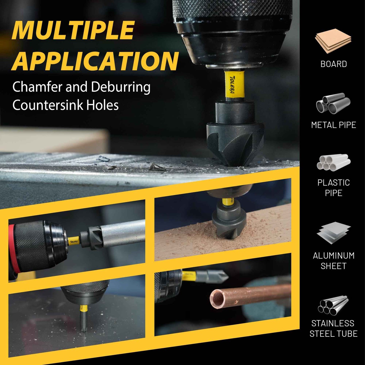 TOLESA 5PCS Countersink Drill Bit Set with 82 Degree 5 Flutes Design, Nitride Coating HSS 1/4" Hex Shank Counter Sink Drill Bit for Wood, Metal, Plastic in Size 1/4” 3/8” 1/2” 5/8” 3/4”