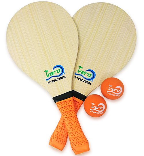 Frescobol Starter Set, 2 Vero Wood Paddles, Premium Orange Padded Grips, 2 Official Orange Balls, Beach Tote-Bag