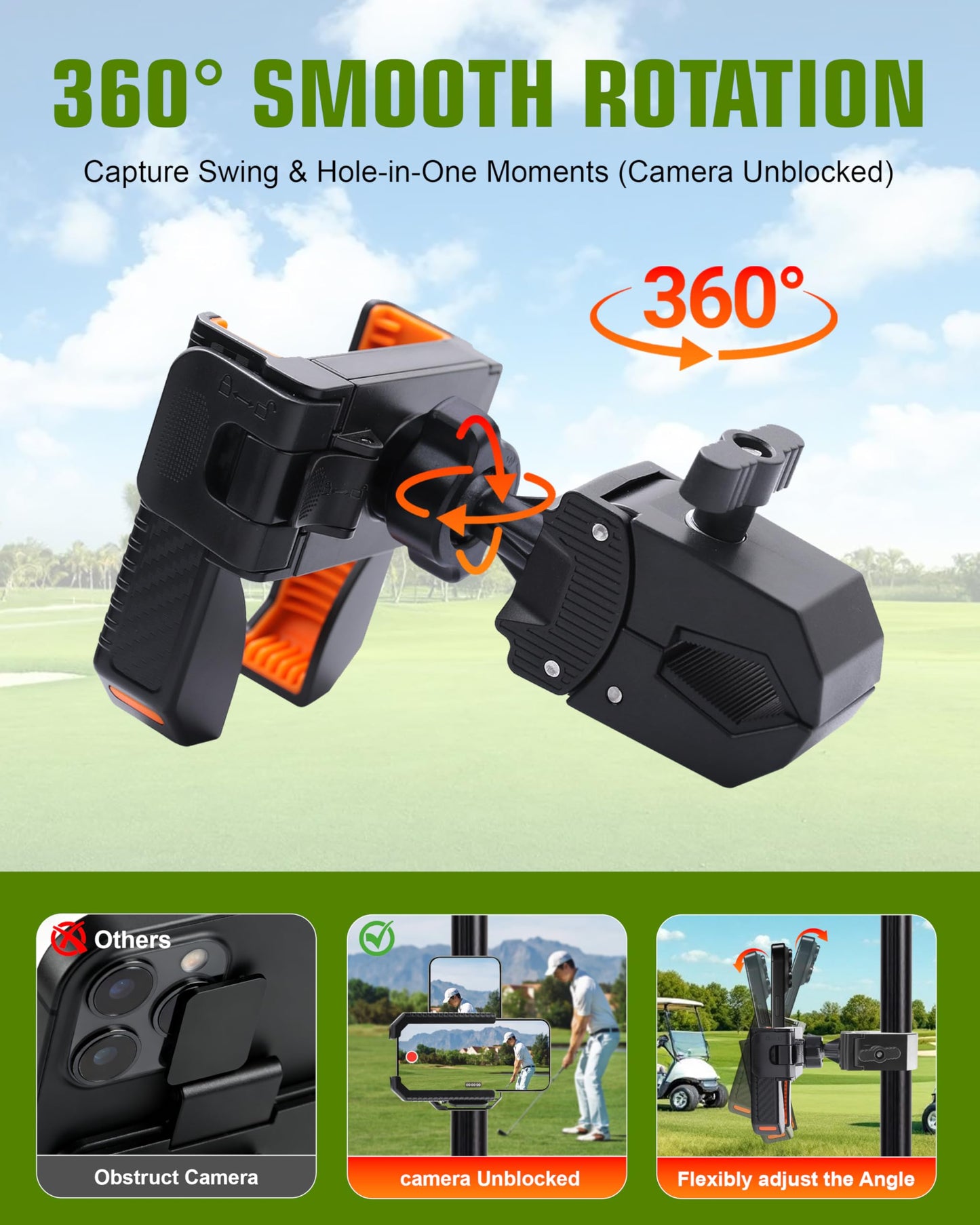 XEEP Golf Cart Phone Holder Mount, 3s Phone Clip Install, 1s Lock & Release, 360° Rotation Golf Phone Holder Compatible with EZGO/Club Car/Yamaha, Golf Cart Accessories for All 4.5-7"