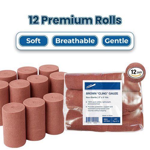 JorVet Brown Cling Gauze | 100% Cotton, Soft & Breathable for Wound Care, Pet Dressings & Medical Use | Comfortable, and Ideal for Healing & Recovery | Brown | 12 Rolls 3" x 5 Yards