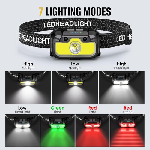 HOKOILN LED Headlamp Rechargeable - 1300 Lumen Ultra-Bright Light with Green & Red Modes | Waterproof for Camping, Hiking, Fishing