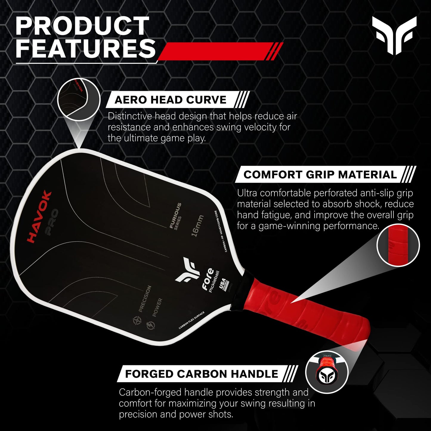Havok Pro Pickleball Paddle: Carbon Fiber Surface for Enhanced Power, Precision and Maximum Spin - Large Sweet Spot and USAPA Approved - Red